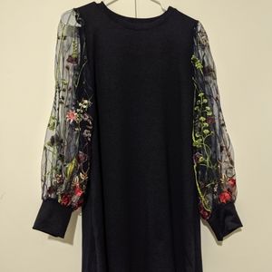 Navy Blue Sheer Floral Sleeves Dress